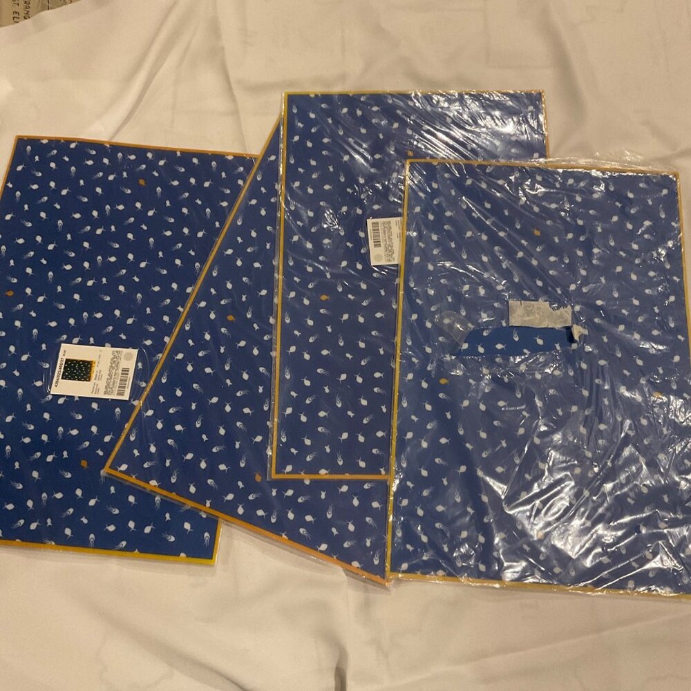 NWT Zara home yellow frame blue white fish PVC placemat set of 8